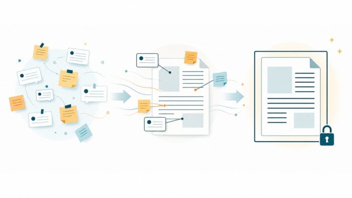 散らばった修正指示が集まり、校了版が1枚に確定する印刷会社のAI活用イメージ
