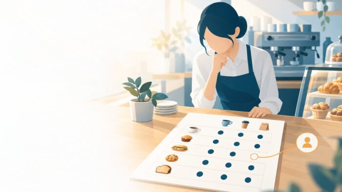 カフェのAI活用:商品ごとの提供の形(店内飲食・持ち帰り・容器包装して販売)を1つの台帳に書き、確認点の状態を見えるようにする流れ