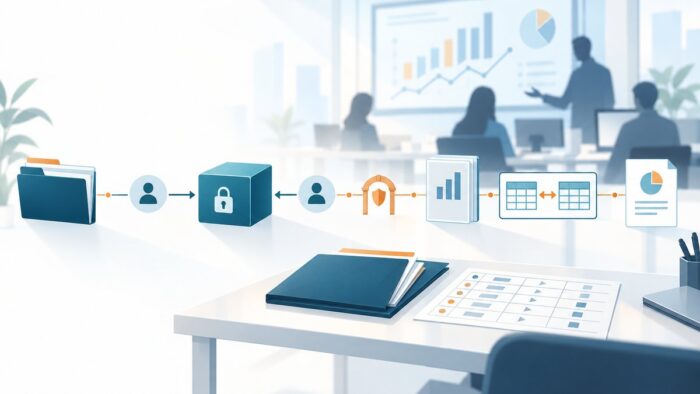データ分析・BI支援会社のAI活用:案件ごとに預かったデータの受領元と渡し先、AIサービスに入れてよいデータを一枚の表に整理する流れ