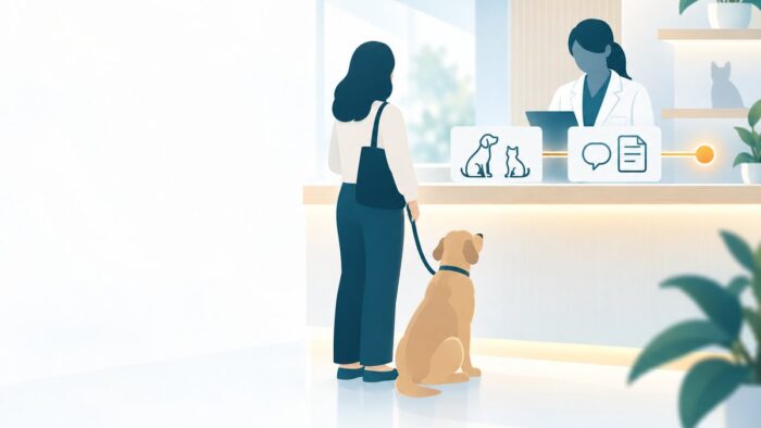 動物病院のAI活用:来院1件を動物の記録と飼い主とのやり取りに分けて持ち、会計と照合する流れ