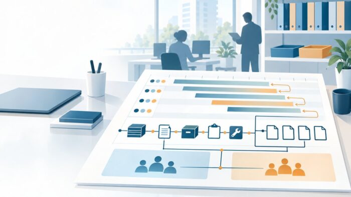 マンション管理会社のAI活用:管理組合ごとの事業年度から法令が決めた期限を逆算して1つの台帳に並べ、管理組合・住戸・契約の番号で記録をつなぎ、その記録から書類を組み立てる流れ
