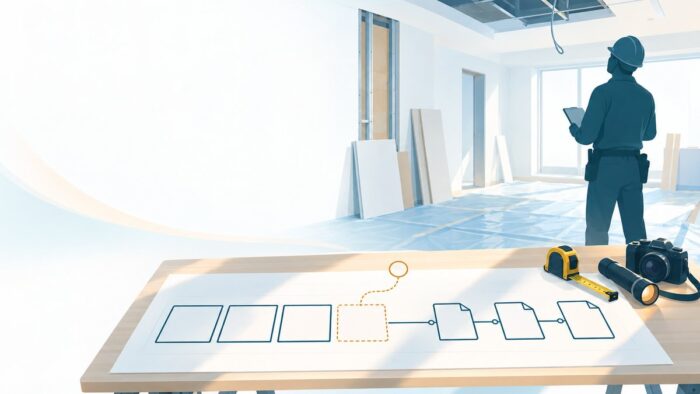 内装工事会社のAI活用:現地調査で分かったことと分かっていないことを案件の正本に分けて集め、その記録を契約書面と変更の書面、届出・報告・説明の一覧につなぐ流れ