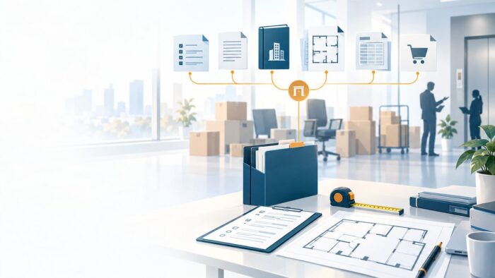 オフィス移転・ファシリティ支援のAI活用:現地で測った値とビル管理者の回答、契約とビル規則の要点を案件の正本として一つに集める流れ