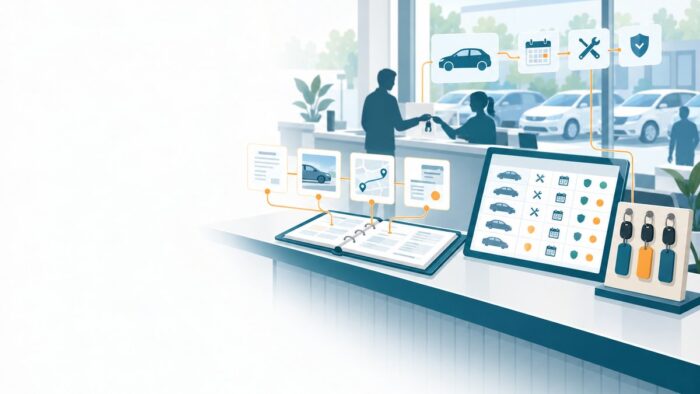 レンタカー事業者のAI活用：1件の貸渡しを出発から返却・精算まで一つの記録に載せ、車両ごとの点検・車検・保険の期限を貸し出せる車両の一覧に接続する流れ