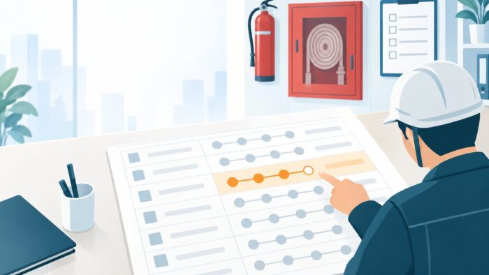 消防設備会社のAI活用：点検で見つかった不良を1件ずつ台帳にし、申入れから次回の確認まで追う流れ