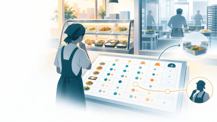 惣菜・弁当店のAI活用:品目ごと・時間帯ごとに作った数・売れた数・値引いた数・捨てた数を1枚にし、翌日に作る数の候補を出す流れ