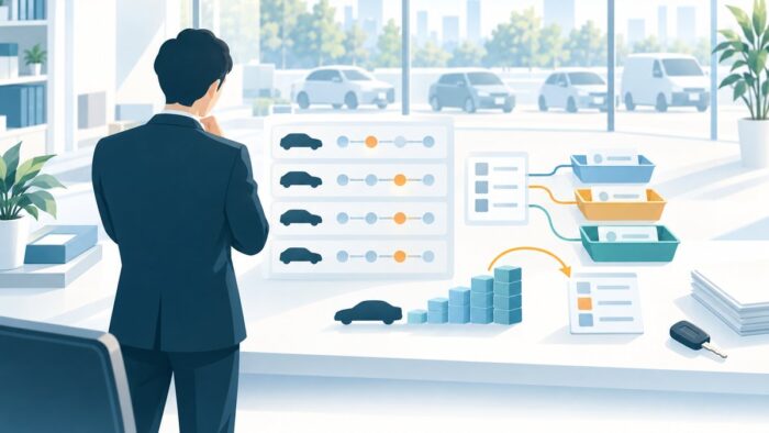 カーリース事業者のAI活用:入庫ごとの整備の見積と結果を契約の範囲と照らし、車両ごとに積んだ整備原価を次の見積の見込みに戻す記録の流れ