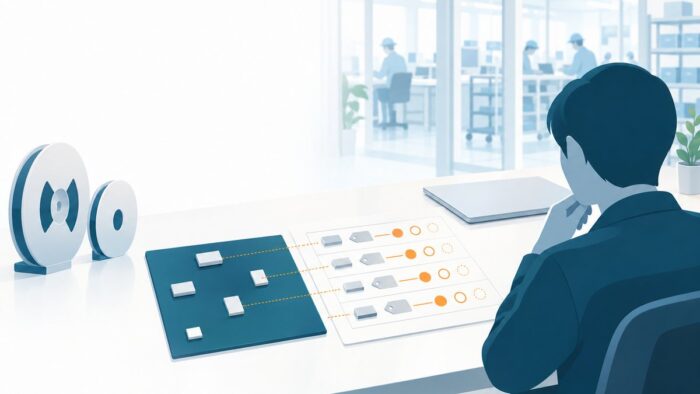 電子部品製造のAI活用：顧客の部品表を実装図と照らし合わせ、顧客の承認がそろった行だけを承認済みの部品表にし、代替部品を使うかを人が決める流れ