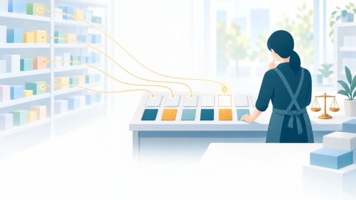 ドラッグストアのAI活用:品目ごとの医薬品の区分を1つの台帳にし、資料との食い違いをAIが候補として出し、区分の確定と販売の可否の判断は人が行う流れ