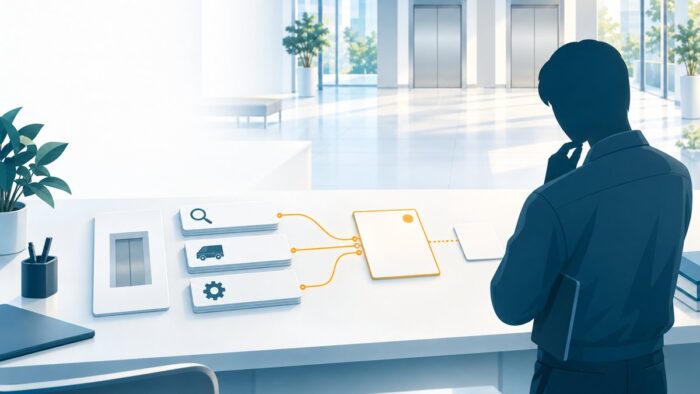 エレベーター保守会社のAI活用:点検・出動・修理の履歴を昇降機ごとにつなぎ、その履歴から作業報告書を組み立てる流れ