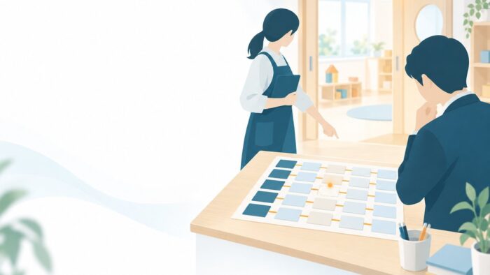 保育所のAI活用:在籍の台帳・当日の出欠・各時点の所在の確認の記録を1つに結び、食い違いはAIが候補として出し、所在の確認と対応は保育士と施設長が行う流れ
