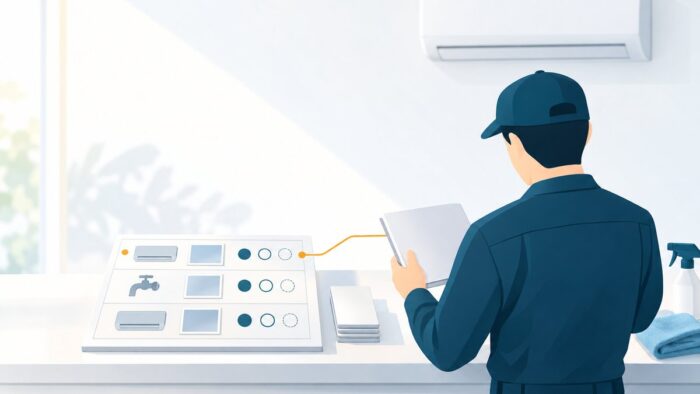 ハウスクリーニングのAI活用:エアコン1台・水回り1か所ごとの作業前の確認票を一つの台帳にし、作業してよいかを人が決める記録の流れ