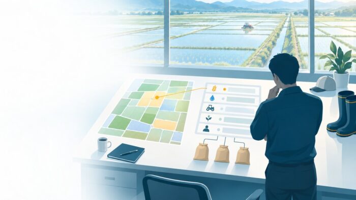 稲作農業法人のAI活用:圃場(筆)台帳で農地の権利・借賃と作付・作業・収量をつなぐ流れ