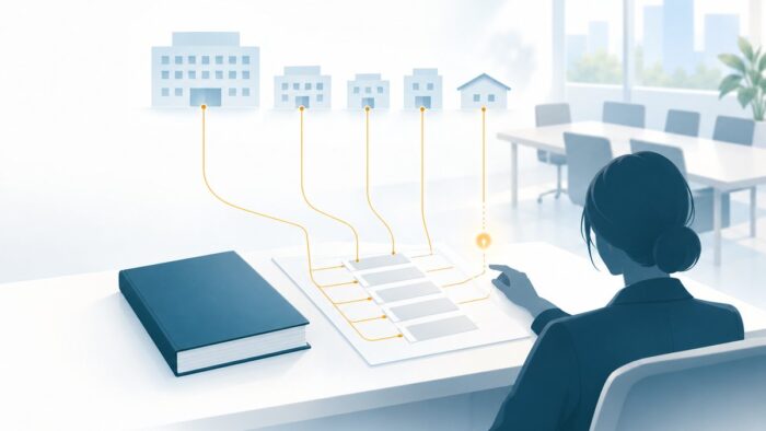 医療法人本部のAI活用:定款に定める病院・診療所と附帯業務を1つの台帳で照合し、実態との食い違いはAIが候補として示し、定款の変更の要否の判断と決議は人が行う流れ