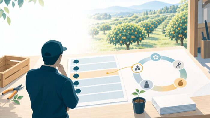 果樹園のAI活用:園地・樹体の台帳から作業暦・改植の計画・補助の申請書の下書きを作る記録の流れ