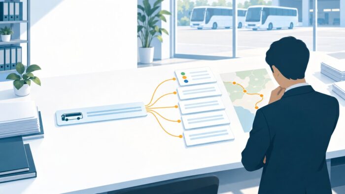 貸切バス会社のAI活用:1件の運送の記録から照合一覧と運送引受書・運行指示書などの書面の案を作る記録の流れ