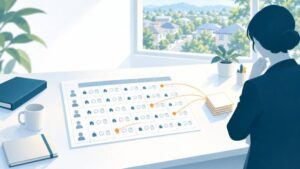 居宅介護支援事業所のAI活用：利用者と月を単位に、面接・記録・計画の工程の日付と更新の援助の期限を一つの台帳の行に並べる流れ