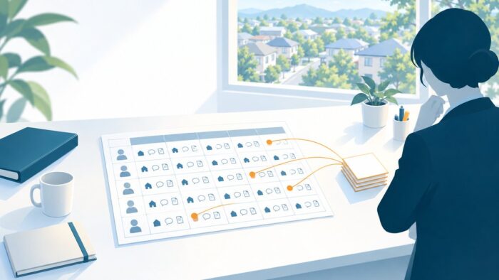 居宅介護支援事業所のAI活用:利用者と月を単位に、面接・記録・計画の工程の日付と更新の援助の期限を一つの台帳の行に並べる流れ