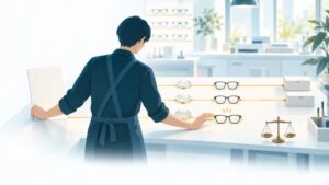 眼鏡店のAI活用：注文のときに確定した度数を基準に、入荷したレンズと完成品の実測値をAIが照合して不一致を候補として出し、処方箋の原本との照合と実測、不一致の扱いは人が行う流れ