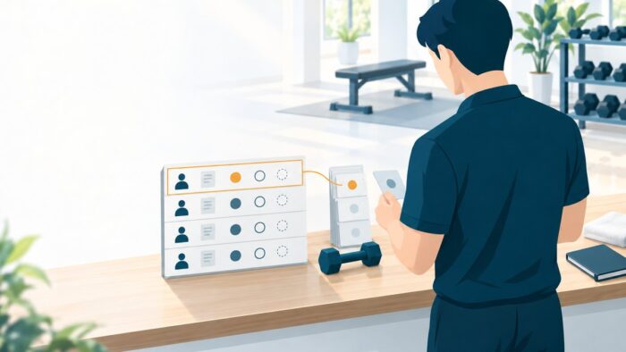 パーソナルジムのAI活用:会員ごとの受入れ条件の台帳と毎回のセッションの記録を結び、当日の負荷を確定する流れ