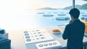 海面魚類養殖のAI活用：いけすと年級群の台帳で毎日の給餌・へい死・測定の記録を一本につなぎ、在池量と給餌量の案を出す流れ