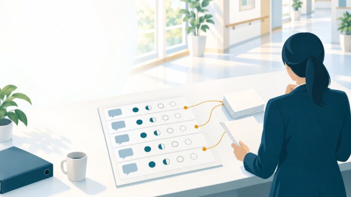 特別養護老人ホームのAI活用:施設の出来事の記録を一つの事象の台帳で受け、記録の下書きと委員会の資料を作る記録の流れ