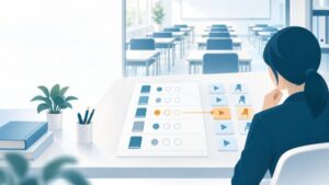 予備校のAI活用：契約を1契約1行にし、1生徒・1講座・1回の受講と映像授業の視聴の記録につなぐ台帳の流れ
